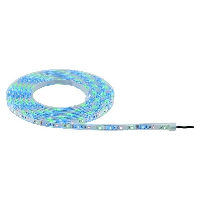Paulmann LED-Band-Set Stripe Solar - 5 m, RGB, 3,2 W, 300 lm, 5 V - Nahaufnahme einer aufgerollten LED-Lichterkette, die blau, grün und rot leuchtet und sich ideal für stimmungsvolle Beleuchtung eignet.