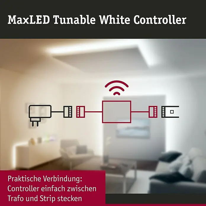 Paulmann MaxLED Tunable White Controller - Passend für: MaxLED Mehrfarbig - Schema des MaxLED Tunable White Controllers, drahtlos zwischen Trafo und LED-Strip verbunden, in einem Raum.