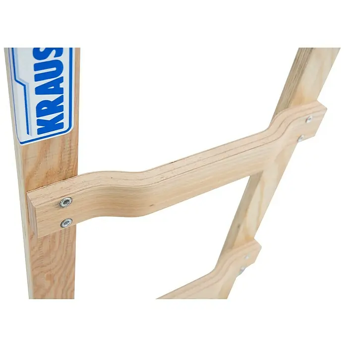 Krause Dachleiter - Länge: 5,05 m, Anzahl Tritte: 18 Stk., Holz - Detailansicht eines Kraus-Produkts aus hellem Holz, befestigt mit Schrauben, mit Fokus auf Design und Konstruktion.