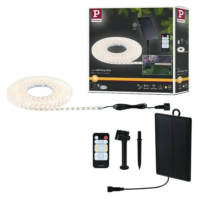 Paulmann LED-Band-Set Stripe Solar - 10 m, Warmweiß, 3,8 W, 300 lm, 5 V - Abbildung einer Paulmann Solar LED-Lichterkette mit 10 m Länge, inklusive Solarpanel und Fernbedienung, für den Außenbereich.