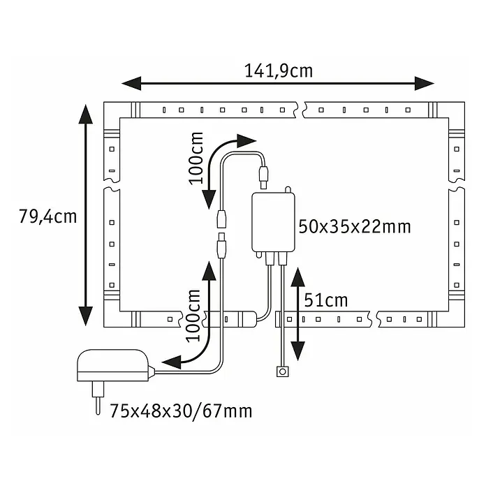 Paulmann MaxLED 250 LED-Band-Set Comfort TV 65 Zoll - 430 cm, RGBW, 24,5 W, 1.000 lm, 230 V - 240 V - Eine schematische Darstellung der LED-Lichtleiste mit den Abmessungen 141,9cm x 79,4cm und den Maßen der zugehörigen Komponenten.