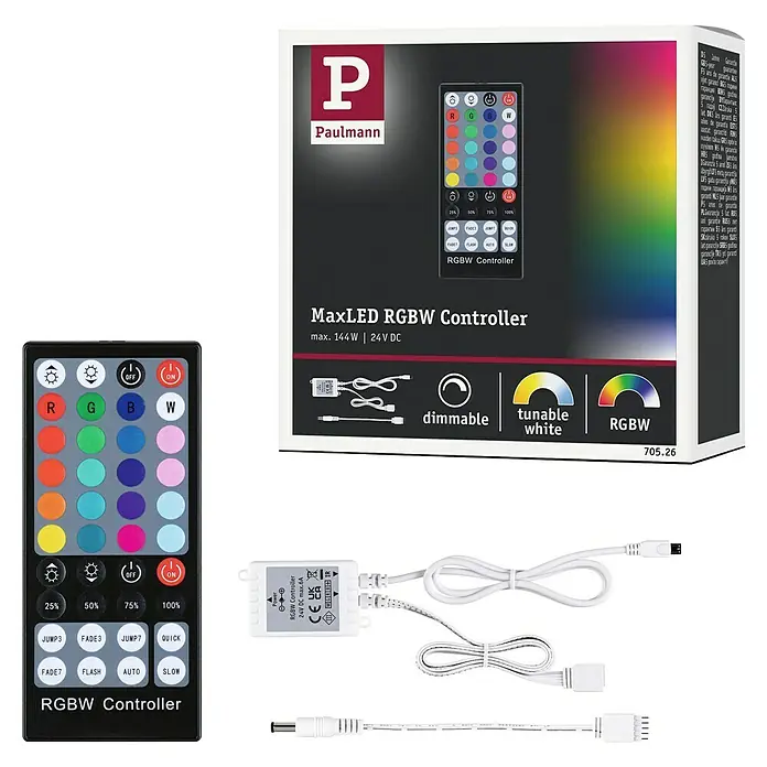Paulmann MaxLED Tunable White Controller - Passend für: MaxLED RGBW - Produktfoto eines Paulmann MaxLED RGBW Controllers mit Fernbedienung, Steuerung und Anschlusskabel.