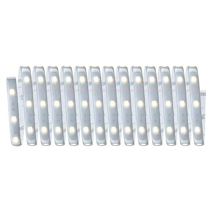 Paulmann MaxLED 250 Smart-LED-Band Basisset beschichtet Zigbee - 500 cm, RGBW, 27 W, 900 lm, 230 V - 240 V - Eine Nahaufnahme von LED-Streifen mit warmweißen Lichtern und 3M-Klebeband auf der Rückseite für einfache Installation. Perfekt für indirekte Beleuchtung.