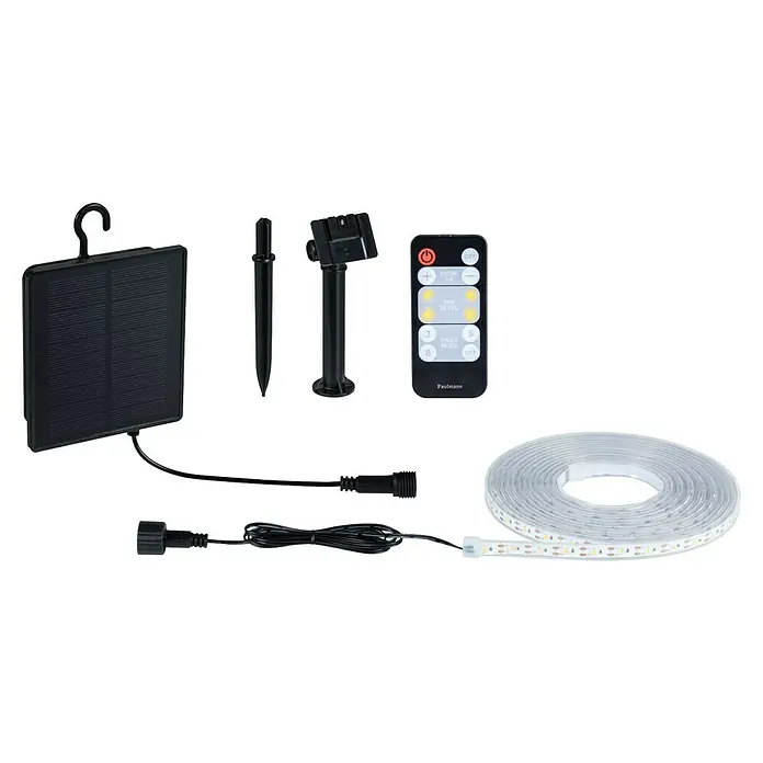 Paulmann LED-Band-Set Stripe Solar - 5 m, Warmweiß, 3,2 W, 300 lm, 5 V - Solarbetriebene LED-Leiste von Paulmann mit Fernbedienung, Solarpanel und Erdspieß für den Außenbereich.