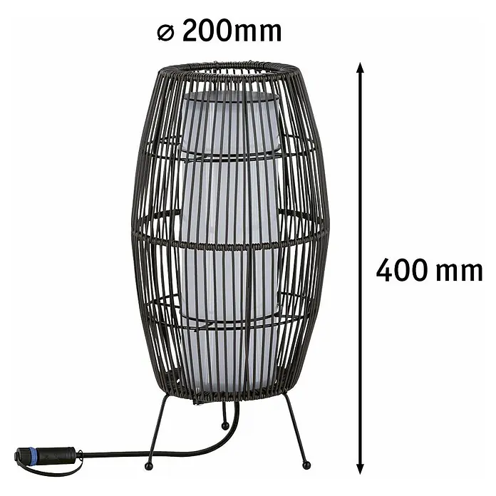 Paulmann Plug & Shine LED-Außenleuchte Basket - 3,2 W, Schwarz, IP44 - Abgebildet ist eine dekorative Stehlampe aus Rattan mit den Maßen Ø 200mm und 400mm Höhe. Die Lampe ist in einem dunklen Farbton gehalten.