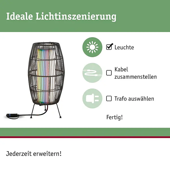 Paulmann Plug & Shine LED-Außenleuchte Basket - 3,2 W, Schwarz, IP44 - Dunkle Korblampe mit farbigem LED-Lichtstreifen und Hinweisen zur einfachen Montage und Erweiterung.