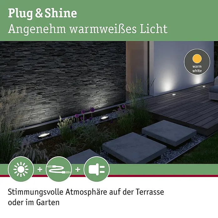 Paulmann Plug & Shine LED-Wandstrahler Ito - L x B x H: 4,9 x 25,2 x 22,4 cm, Warmweiß - Warmweiße Plug & Shine Außenbeleuchtung erhellt eine moderne Terrasse und den Garten bei Nacht, schafft eine stimmungsvolle Atmosphäre.