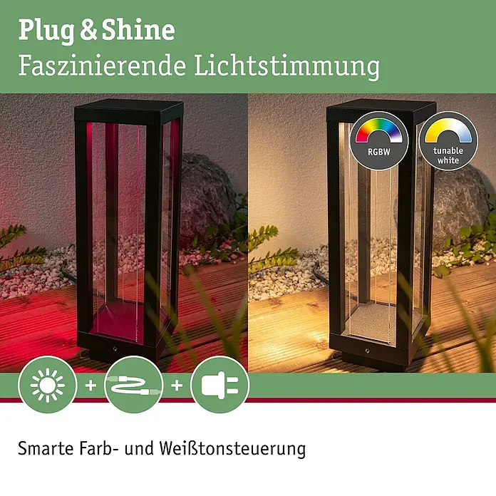 Paulmann Plug & Shine LED-Außenleuchte Classic Latern - 2 W, Farbe: Anthrazit, IP44, 10 x 10 x 30 cm - Zwei schwarze Außenleuchten auf einer Holzterrasse, die rotes und warmweißes Licht zeigen, mit intelligenter RGBW- und Tunable-White-Steuerung.