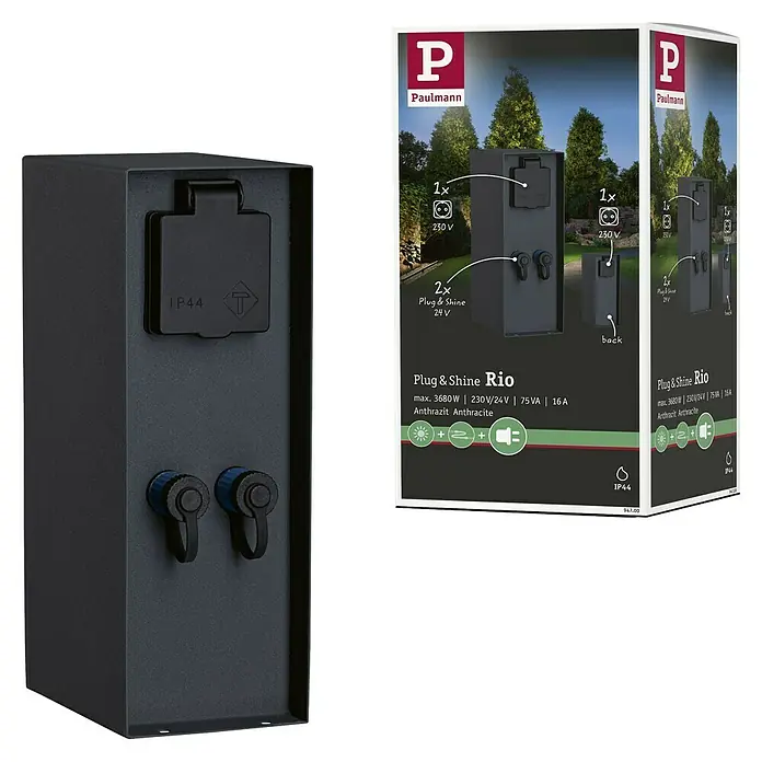 Paulmann Plug & Shine Steckdosensäule Rio - Anthrazit, Höhe: 23 cm, IP44, Ohne Dämmerungssensor - Das Paulmann Plug & Shine Rio System: Eine antrathitfarbene Außensteckdose mit zwei Anschlüssen, perfekt für den Garten.