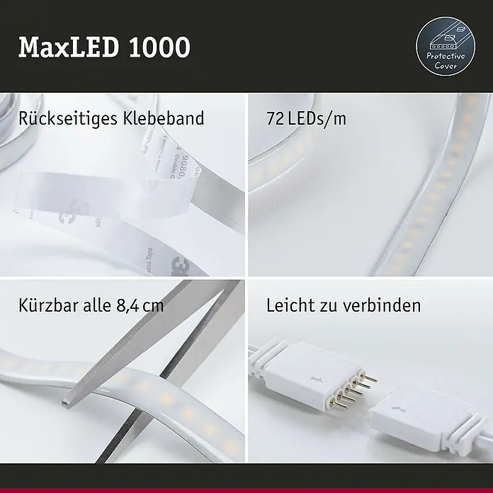 Paulmann MaxLED 1.000 LED-Band Stripe - 250 cm, RGBW, 28 W, 2.500 lm, 230 V - 240 V - Nahaufnahme der MaxLED 1000 LED-Leiste, die ihre Flexibilität durch Klebeband, Anpassbarkeit und einfache Verbindung hervorhebt.