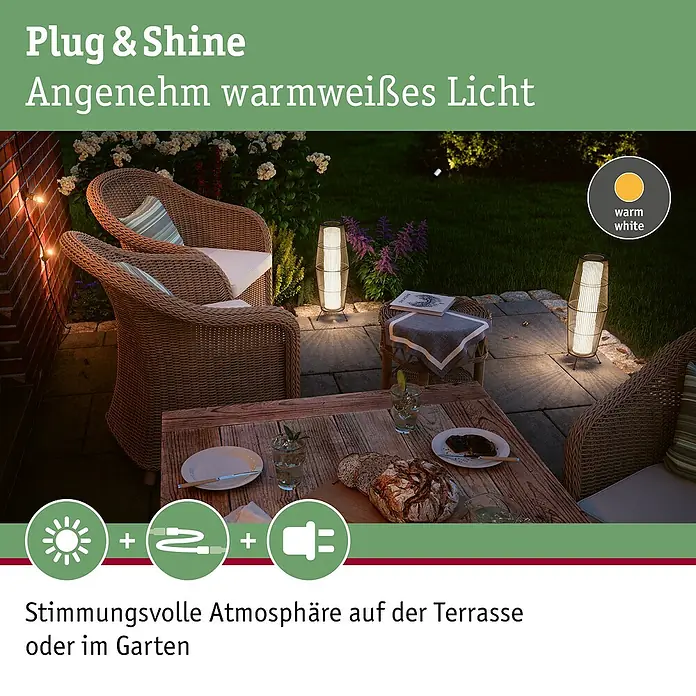 Paulmann Plug & Shine LED-Außenleuchte Basket - 8 W, Farbe: Braun, IP44, 20 x 60 cm - Warmweißes Plug & Shine Lichtsystem beleuchtet eine gemütliche Terrasse mit Stehleuchten und Lichterketten.