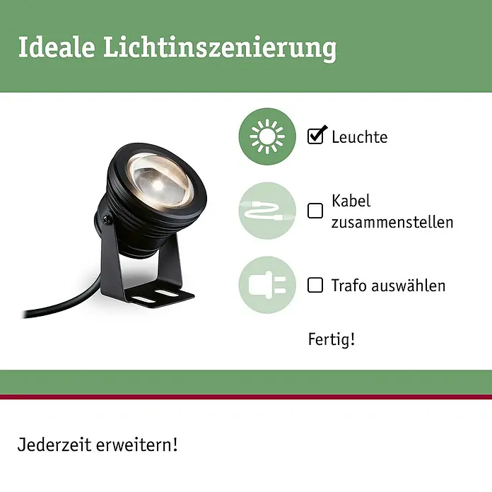 Paulmann Plug & Shine LED-Spot Pool - 6 W, Schwarz, 7,2 x 11 cm - Schwarzer Outdoor-Strahler mit leuchtender Lampe, gezeigt mit Checkliste für ideale Beleuchtung: Leuchte, Kabel, Trafo auswählen.