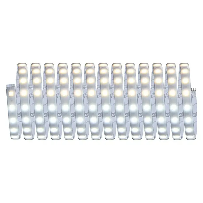 Paulmann MaxLED 500 LED-Band-Set Basisset Zigbee - 500 cm, Warmweiß, 29 W, 2.550 lm, 230 V - 240 V - Nahaufnahme von LED-Streifen mit warmweißen und kaltweißen LEDs, die eine flexible Beleuchtungslösung für verschiedene Anwendungen bieten.