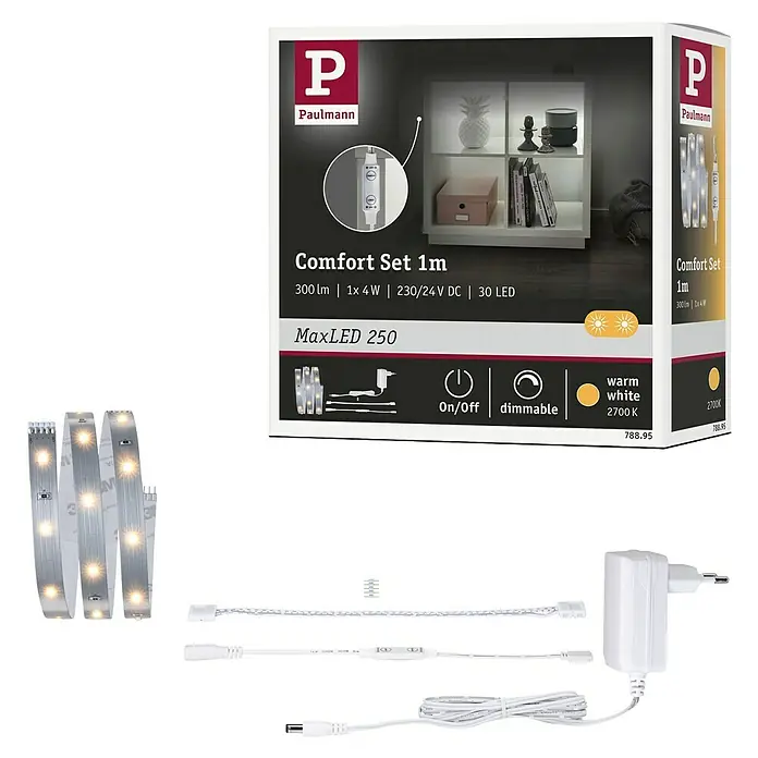 Paulmann MaxLED 250 LED-Band-Set Comfort Regal - 100 cm, Warmweiß, 5 W, 300 lm, 230 V - 240 V - Bild einer Paulmann MaxLED 250 Comfort Set 1m LED-Leuchte mit Dimmfunktion und warmweißem Licht, ideal für stimmungsvolle Beleuchtung.