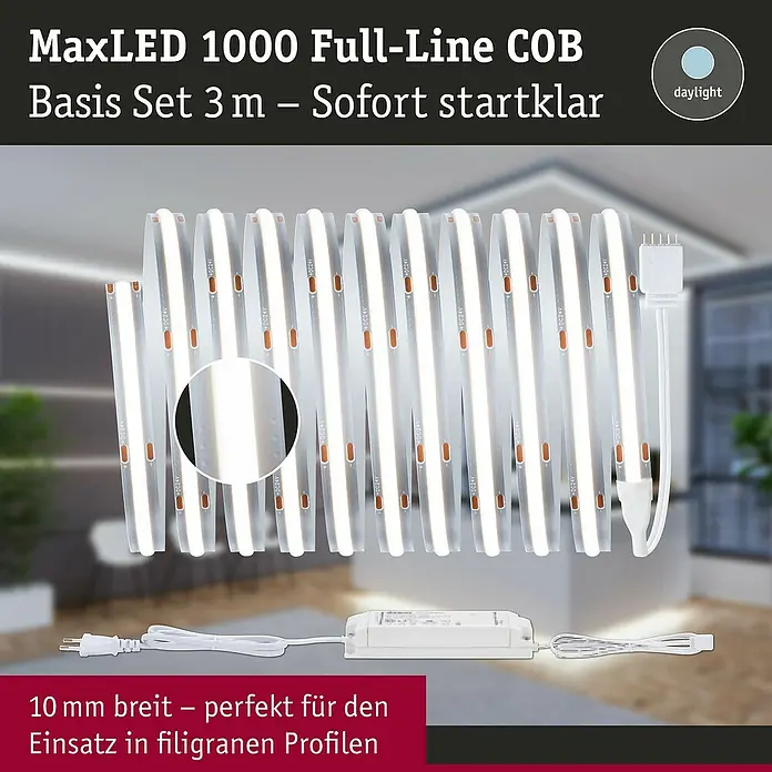 Paulmann MaxLED LED-Band-Set Full-Line COB Basisset - Länge: 3 m, 40 W, 3.840 lm, 220 V - 240 V - Produktfoto des MaxLED 1000 Full-Line COB Basis Sets (3 m) für filigrane Profile, sofort einsatzbereit mit Tageslicht-Option.