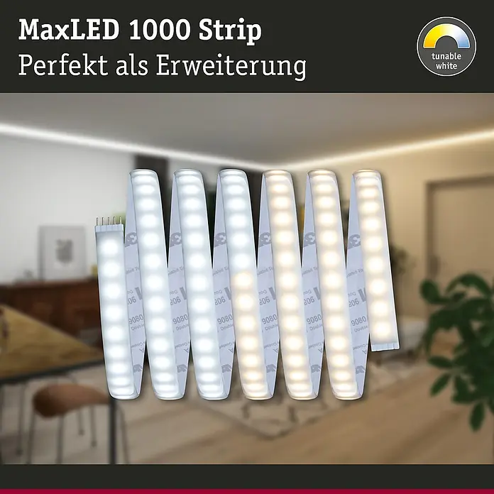 Paulmann MaxLED 1.000 LED-Band Stripe - 250 cm, Mehrfarbig, 27 W, 2.550 lm, 230 V - 240 V - Abgebildet ist ein MaxLED 1000 Strip Erweiterungsset mit tunable white Funktion, das eine flexible Beleuchtungslösung für Innenräume bietet.