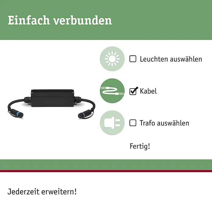 Paulmann Plug & Shine Verbindungs-Set Loxone - Länge: 5,5 cm, 24 V - Schwarze, rechteckige Verbindungsbox mit zwei Kabeln, die jeweils in einem blauen und schwarzen wasserdichten Stecker enden, für ein modulares Lichtsystem.