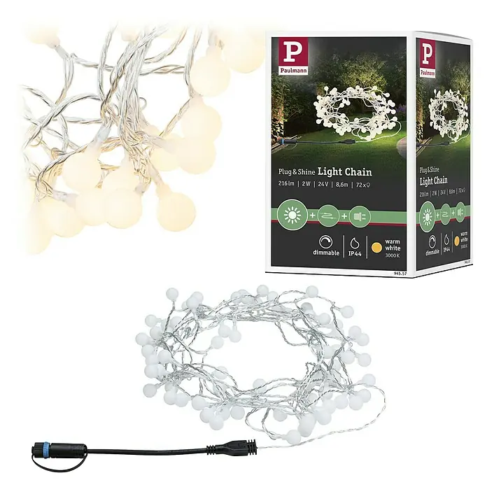 Paulmann Plug & Shine LED-Lichterkette - Außen, Lichtfarbe: Warmweiß, Anzahl Leuchtmittel: 72 Stk., Länge: 7,5 m - Abbildung einer Paulmann Plug & Shine Lichterkette, ideal für stimmungsvolle Außenbeleuchtung.