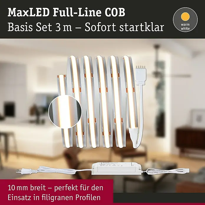 Paulmann MaxLED 1.000 Basis-Set Full-Line COB - 150 cm, 21 W, Warmweiß, 1.620 lm - MaxLED Full-Line COB 3m warmweißes LED-Streifen-Set mit Netzteil, sofort startklar. 10mm breit für filigrane Profile.