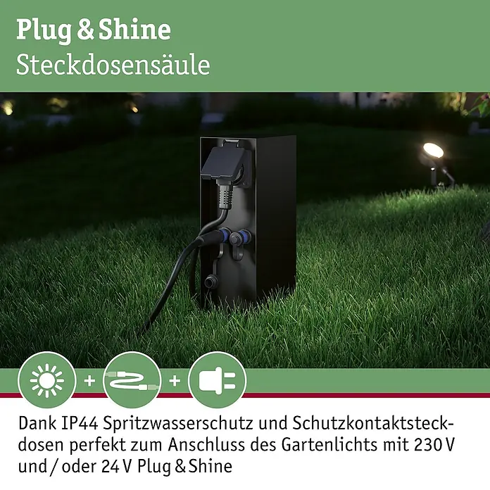 Paulmann Plug & Shine Steckdosensäule Rio - Anthrazit, Höhe: 23 cm, IP44, Ohne Dämmerungssensor - Schwarze Außensteckdosensäule mit IP44 Spritzschutz für Gartenbeleuchtung.