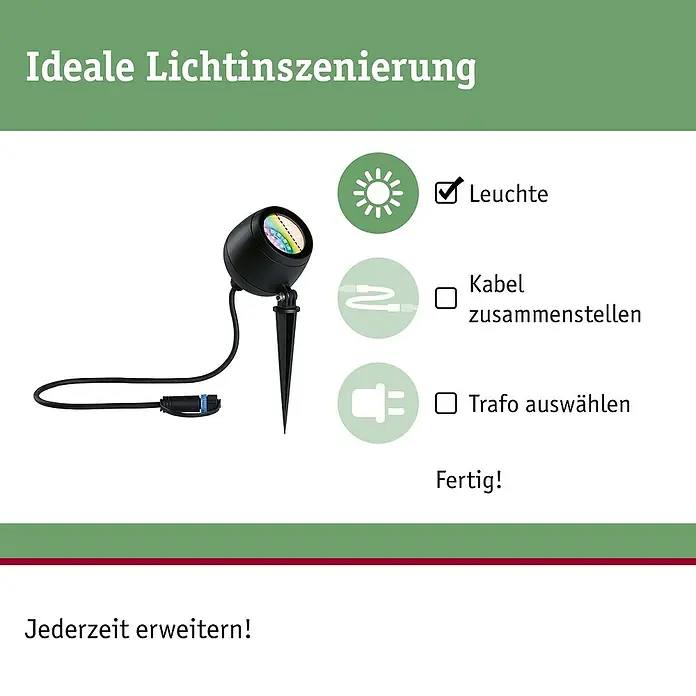 Paulmann Plug & Shine LED-Gartenspot Kikolo - 6,2 W, IP65, RGBW, Anthrazit - Schwarzer Gartenspot mit farbigem Lichteffekt und Kabel, gezeigt mit Aufbauanleitung für Lichtinszenierung.