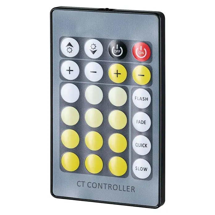 Paulmann MaxLED Tunable White Controller - Passend für: MaxLED Mehrfarbig - Nahaufnahme einer CT-Controller-Fernbedienung mit verschiedenen Tasten zur Steuerung von Beleuchtungseinstellungen und -modi.