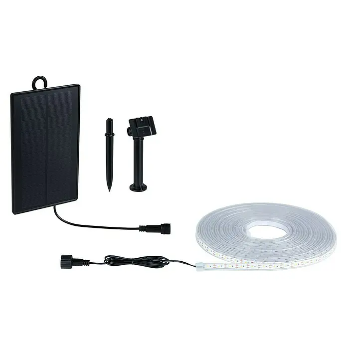 Paulmann LED-Band-Set Stripe Solar - 10 m, Warmweiß, 3,8 W, 300 lm, 5 V - Produktfoto einer Solar-betriebenen LED-Lichterkette, inklusive Solarpanel, Erdspieß und Kabel, ideal für die Gartenbeleuchtung und stimmungsvolle Akzente.