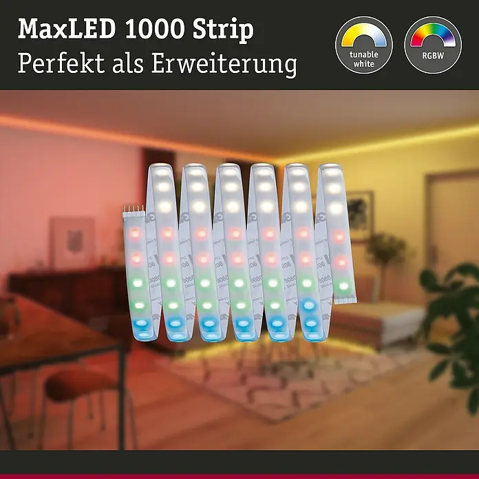 Paulmann MaxLED 1.000 LED-Band Stripe - 250 cm, RGBW, 28 W, 2.500 lm, 230 V - 240 V - MaxLED 1000 Strip Erweiterungsset. LED-Streifen mit einstellbarem Weiß und RGBW-Farben für flexible Beleuchtungslösungen.