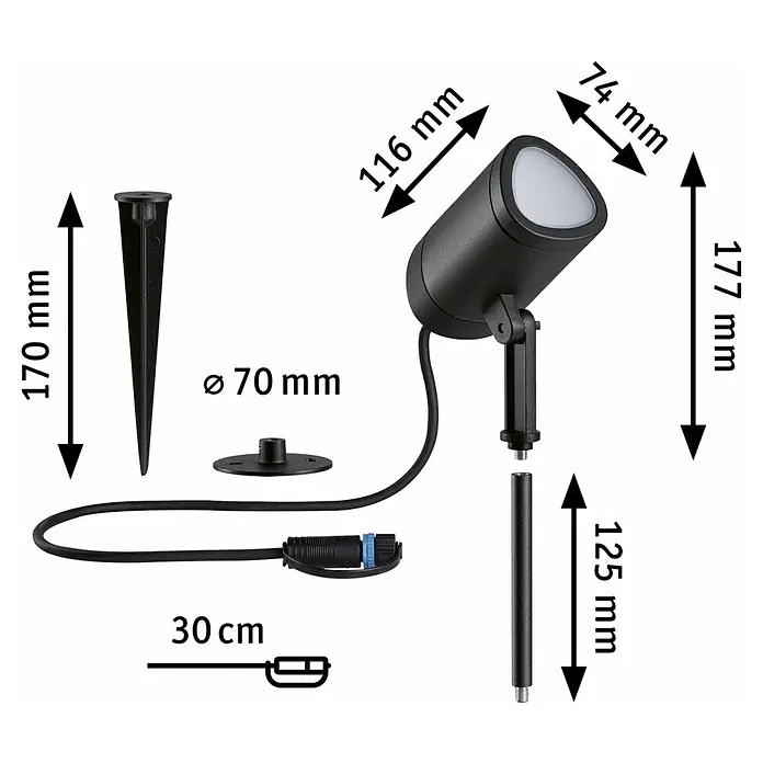 Paulmann Plug & Shine LED-Gartenspot - 6,5 W, IP65, RGBW, Anthrazit - Abbildung eines Gartenstrahlers mit Erdspieß, Sockel und Verlängerungsrohr mit Maßangaben.