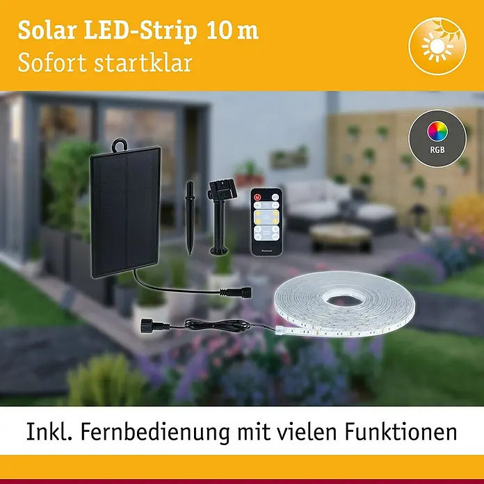 Paulmann LED-Band-Set Stripe Solar - 10 m, RGB, 3,8 W, 300 lm, 5 V - Produktbild eines Solar LED-Strips mit 10 m Länge, inklusive Fernbedienung und Zubehör, ideal für den Außenbereich.