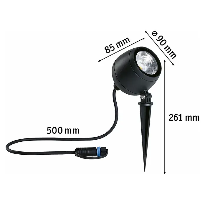 Paulmann Plug & Shine LED-Gartenspot Kikolo - 7,2 W, IP65, Warmweiß, Anthrazit, Abstrahlwinkel: 60 ° - Bild einer schwarzen Gartenleuchte mit Erdspieß und Kabel, inklusive Größenangaben.