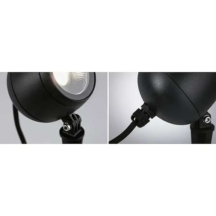 Paulmann Plug & Shine LED-Gartenspot Kikolo - 7,2 W, IP65, Warmweiß, Anthrazit, Abstrahlwinkel: 20 ° - Nahaufnahme einer schwarzen LED-Gartenleuchte, die sich ideal für die Außenbeleuchtung eignet.\n