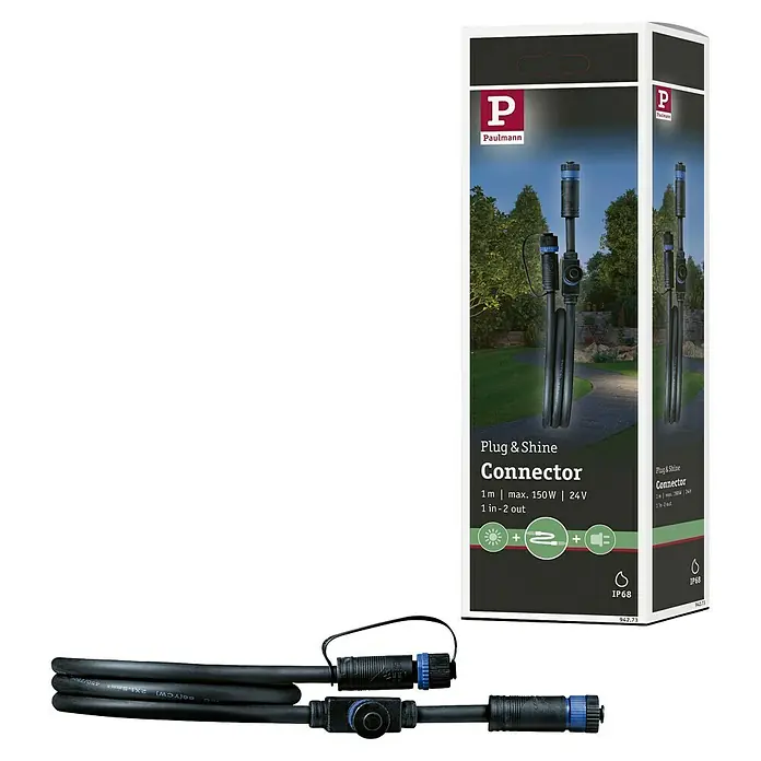 Paulmann Plug & Shine Verbindungskabel - 1 m, 2 Anschlüsse, IP68 - Schwarzes Paulmann Plug & Shine Connector-Kabel mit 1-in-2-out-Verteiler, IP68 wasserdicht, 24V.
