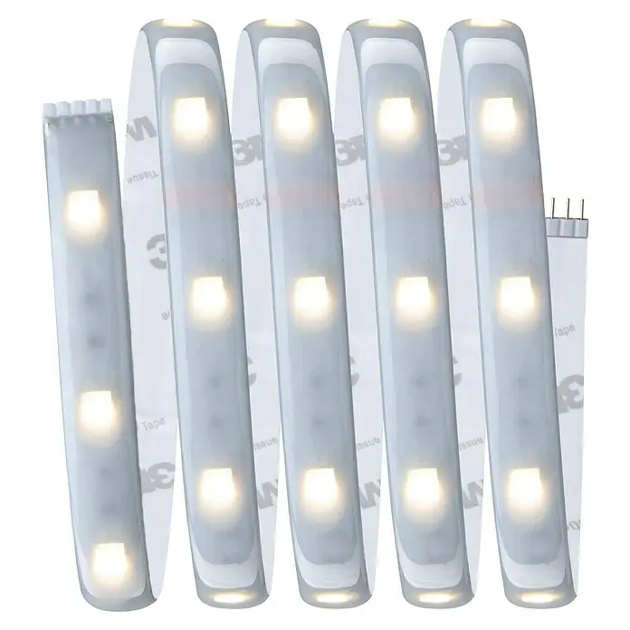Paulmann MaxLED 250 Smart-LED-Band Basisset beschichtet Zigbee - 150 cm, RGBW, 11 W, 270 lm, 230 V - 240 V - Das Bild zeigt eine Nahaufnahme von LED-Streifen mit hellem, warmweißem Licht und einer 3M-Klebefläche zur einfachen Installation.