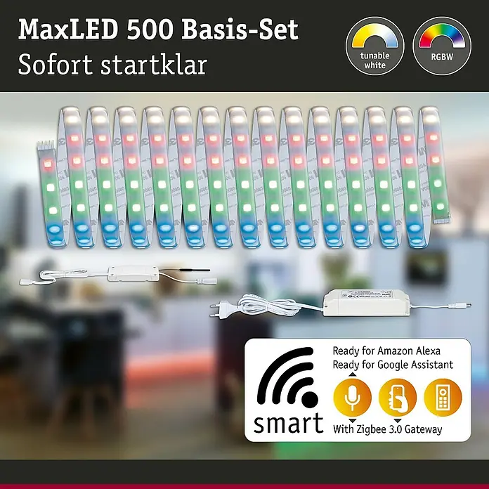 Paulmann MaxLED 500 LED-Band-Set Basisset Zigbee - 500 cm, RGBW, 40 W, 1.750 lm, 230 V - 240 V - MaxLED 500 Basis-Set mit einstellbarem Weiß- und RGBW-LED-Streifen, Netzteil und Smart-Home-Steuerung via Alexa/Google Assistant, Zigbee 3.0.