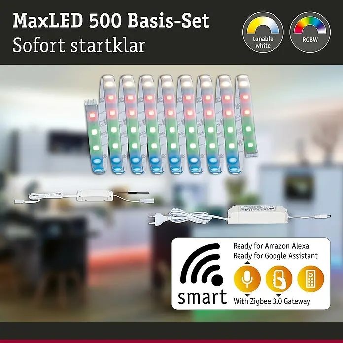 Paulmann MaxLED 500 LED-Band-Set Basisset Zigbee - 300 cm, RGBW, 29 W, 1.050 lm, 230 V - 240 V - MaxLED 500 smartes RGBW und Tunable White LED-Strip Basis-Set mit Netzteil und Controller. Bereit für Alexa, Google Assistant, Zigbee 3.0.