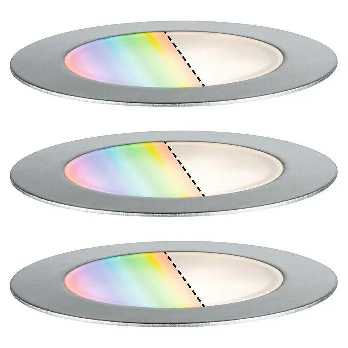 Paulmann Plug & Shine Bodeneinbauleuchten-Basis-Set Floor - Ø x H: 7 x 3 cm, 3 Stk., RGBW - Drei LED-Einbaustrahler mit farbiger und weißer Lichtoption. Die Strahler sind in einer Reihe angeordnet und zeigen beide Farbmodi.