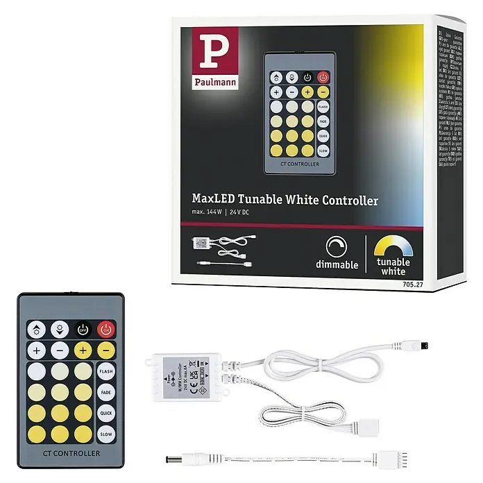Paulmann MaxLED Tunable White Controller - Passend für: MaxLED Mehrfarbig - Bild eines MaxLED Tunable White Controllers von Paulmann mit Zubehör. Ermöglicht das Dimmen und Anpassen der Farbtemperatur.
