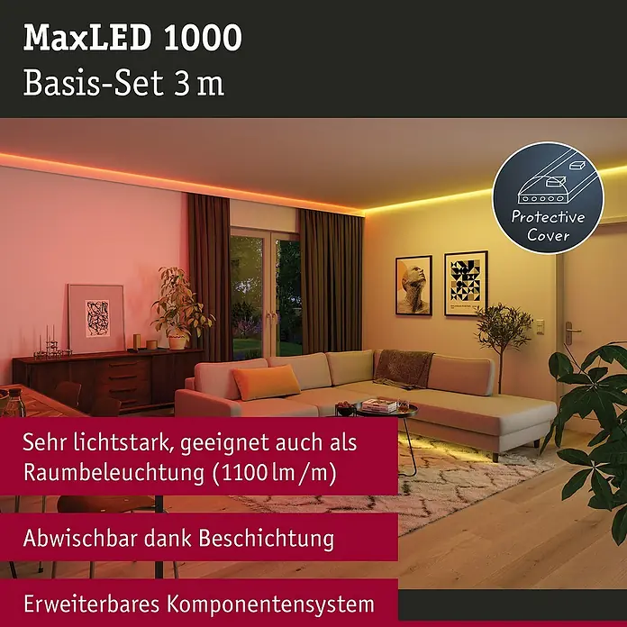 Paulmann MaxLED 1.000 LED-Band Basisset beschichtet - 300 cm, RGBW, 40 W, 3.000 lm - MaxLED 1000 Basis-Set 3m: LED-Streifen für eine stimmungsvolle Raumbeleuchtung, abwischbar und erweiterbar für individuelles Design.