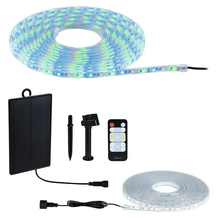 Paulmann LED-Band-Set Stripe Solar - 10 m, RGB, 3,8 W, 300 lm, 5 V - Produktansicht einer LED-Solarleiste mit Fernbedienung, die eine vielseitige und energieeffiziente Beleuchtungslösung bietet.