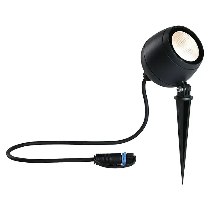 Paulmann Plug & Shine LED-Gartenspot Kikolo - 7,2 W, IP65, Warmweiß, Anthrazit, Abstrahlwinkel: 20 ° - Das Bild zeigt einen schwarzen LED-Gartenstrahler mit Erdspieß und Anschlusskabel. Der Strahler ist nach oben gerichtet und spendet helles Licht.