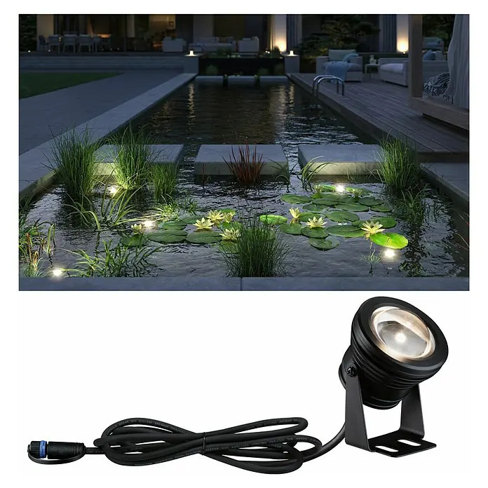 Paulmann Plug & Shine LED-Spot Pool - 6 W, Schwarz, 7,2 x 11 cm - Schwarzer Außenstrahler mit Montagebügel und Kabel. Ideal zur Beleuchtung von Teichen oder Gartenanlagen.