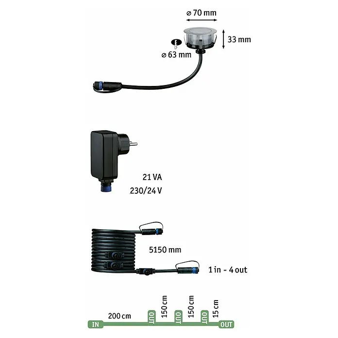 Paulmann Plug & Shine Bodeneinbauleuchten-Basis-Set Floor - Ø x H: 7 x 3 cm, 3 Stk., RGBW - Produktbild einer Bodeneinbauleuchte mit den zugehörigen Maßen und technischen Details wie Kabellänge und Leistungsaufnahme.