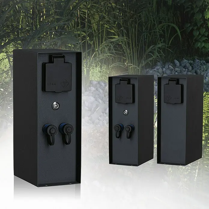 Paulmann Plug & Shine Steckdosensäule Rio - Anthrazit, Höhe: 23 cm, IP44, Mit Dämmerungssensor - Schwarze Außensteckdosensäule für den Garten mit zwei Steckdosen und einem Schloss für den Außenbereich.