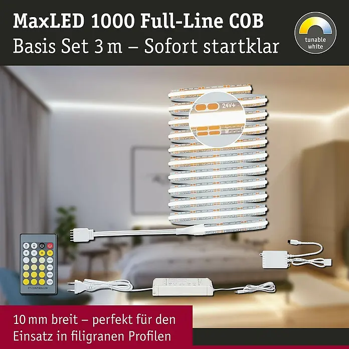 Paulmann MaxLED 1.000 Basis-Set Full-Line COB - 300 cm, 31 W, Mehrfarbig, 3.600 lm - MaxLED 1000 Full-Line COB 3m Tunable White LED-Streifen-Set mit Fernbedienung und Netzteil, 10mm breit.