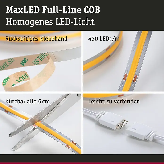 Paulmann MaxLED 1.000 Basis-Set Full-Line COB - 150 cm, 21 W, Warmweiß, 1.620 lm - MaxLED Full-Line COB LED-Streifen, gelb, mit 3M-Klebeband, 480 LEDs/m, alle 5 cm kürzbar, und einfachem Stecksystem.