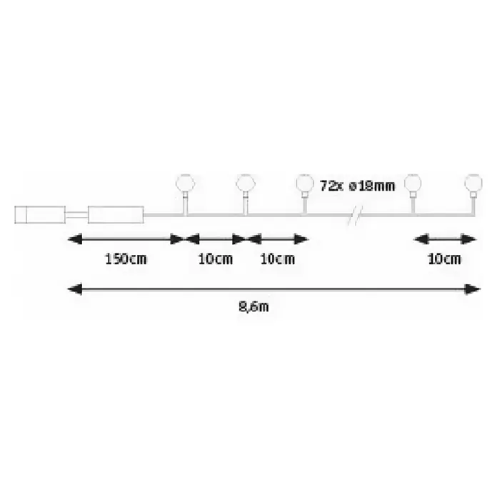Paulmann Plug & Shine LED-Lichterkette - Außen, Lichtfarbe: Warmweiß, Anzahl Leuchtmittel: 72 Stk., Länge: 7,5 m - Schema einer 8,6 m langen Leuchte mit 72 Leuchtmitteln à 18 mm Durchmesser, mit Abständen von 150 cm und 10 cm zwischen den Leuchtmitteln.