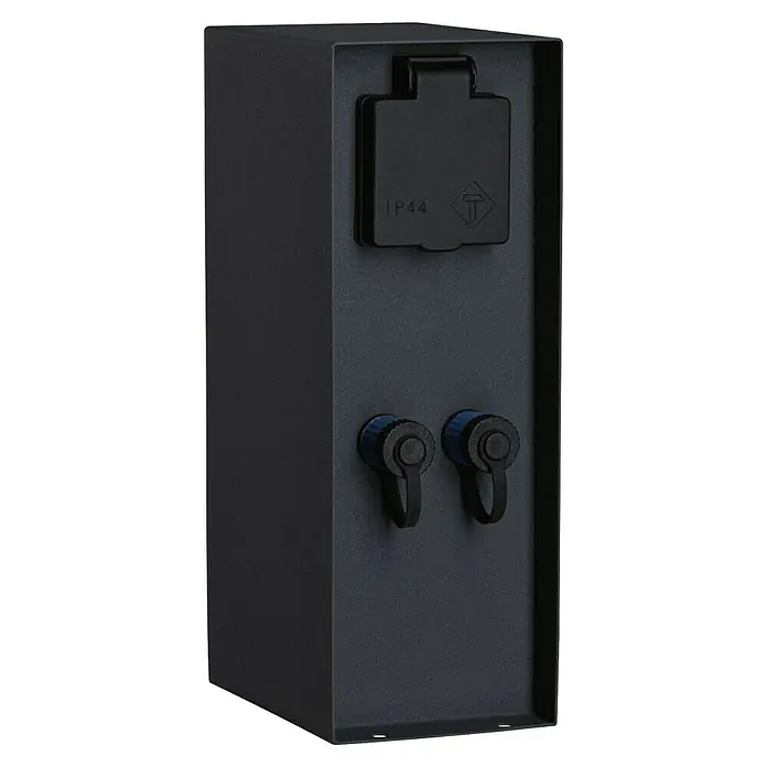 Paulmann Plug & Shine Steckdosensäule Rio - Anthrazit, Höhe: 23 cm, IP44, Ohne Dämmerungssensor - Schwarzer Stromverteiler mit einer IP44 Steckdose und zwei blauen Wasserhähnen für den Außenbereich.