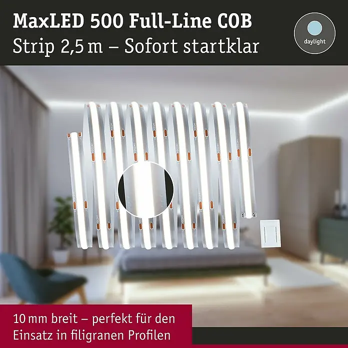 Paulmann MaxLED 500 Verlängerungs-Set Full-Line COB - 250 cm, 15 W, Tageslichtweiß, 1.500 lm - Flexibler 2,5m MaxLED 500 COB LED-Lichtstreifen, 10mm breit, Tageslichtfarbe, aufgerollt mit Stecker gezeigt.