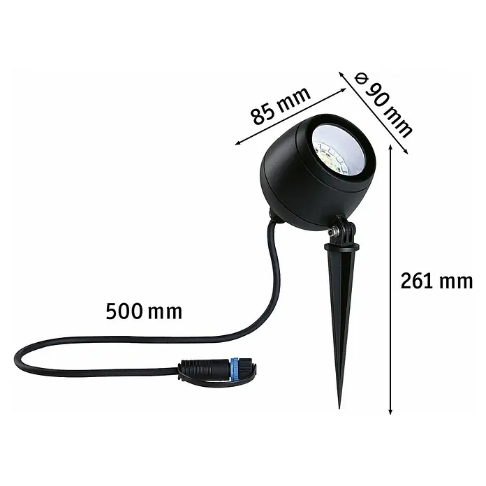 Paulmann Plug & Shine LED-Gartenspot Kikolo - 6,2 W, IP65, RGBW, Anthrazit - Bild einer schwarzen Gartenleuchte mit Erdspieß und Kabel mit den Maßen 85mm, 90mm, 261mm und 500mm.